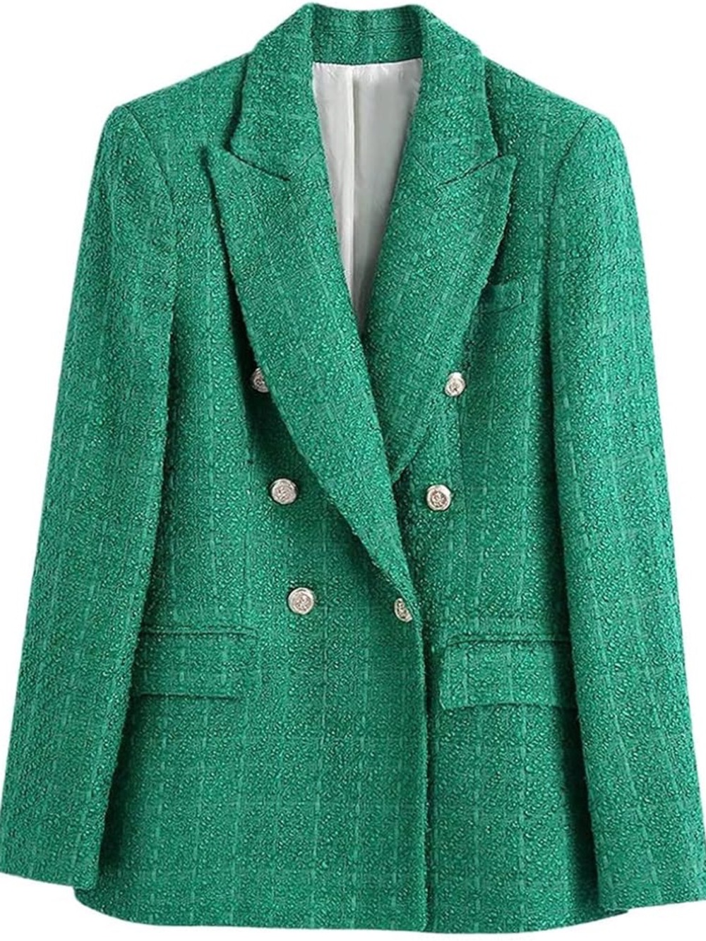 ZARA Green Tweed Double-Breasted Women's Blazer Coat